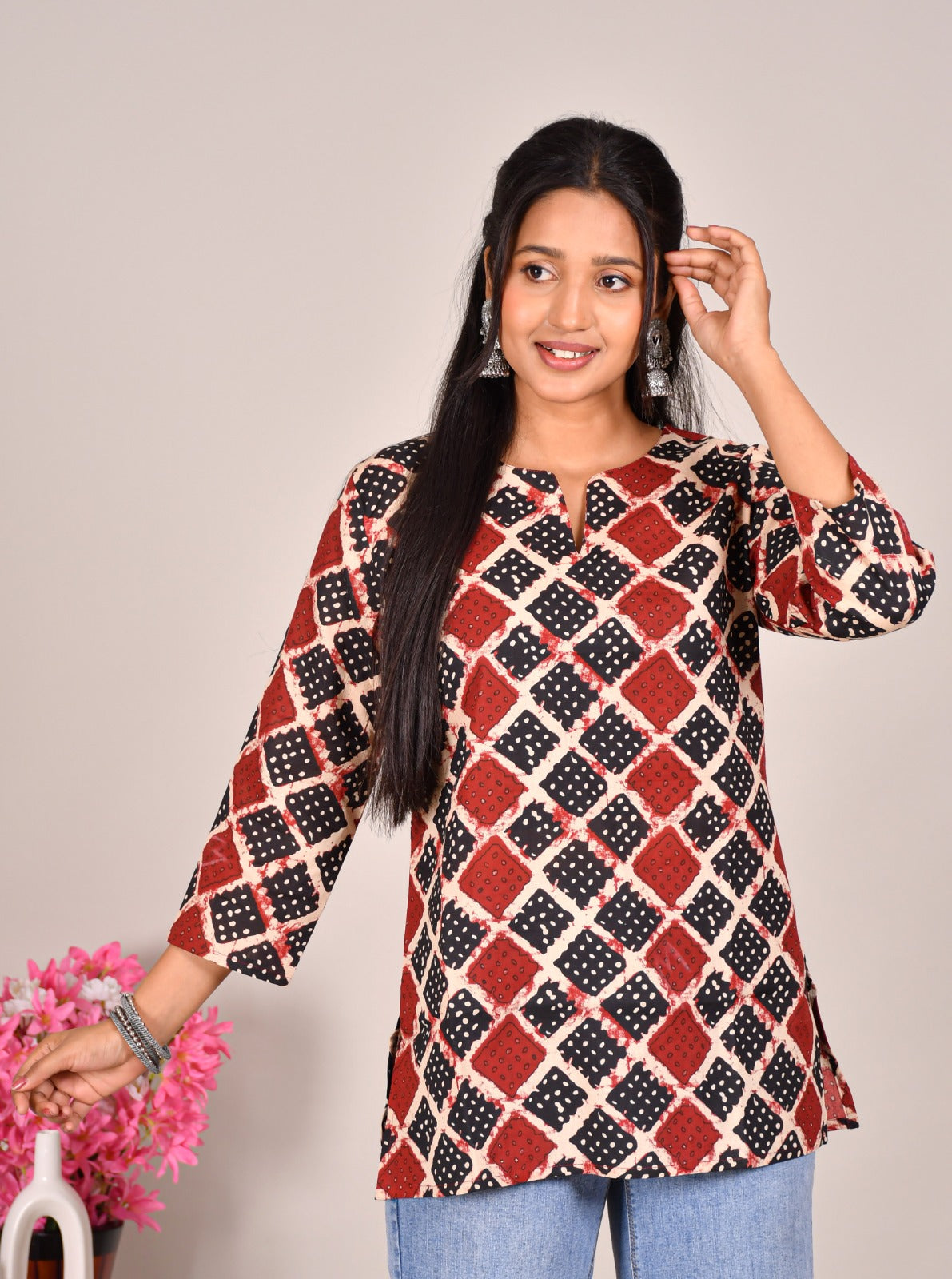 Red and Black Geometric Printed Cotton Top for Women – Casual Ethnic Top