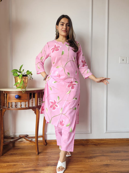 Pink Floral Cotton Kurta Pant Set for Women | Trendy Summer Ethnic Wear