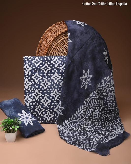 Floral Batik Print Cotton Suit with Chiffon Dupatta – Ladies Unstitched Summer Dress Material