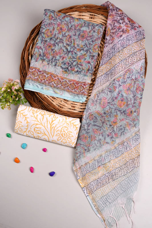 Pastel Grey Floral Printed kota doriya Suit Set (MVFKO37)