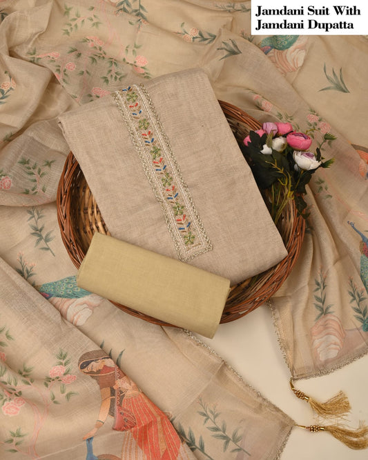 Beige Jamdani Suit With Jamdani Dupatta – Premium Ethnic Set
