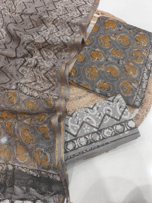 Charcoal Grey Ethnic Printed kota doriya Suit Set (MVFKO38)