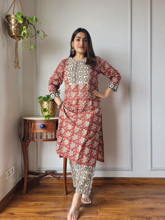 Rust Printed Cotton Kurti Pant Set for Women