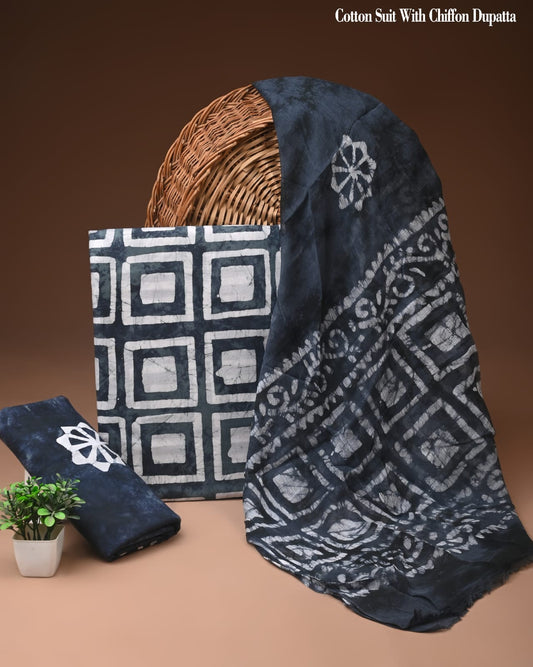 Charcoal Grey Geometric Batik Print Cotton Suit with Chiffon Dupatta – Ladies Unstitched Summer Dress Material