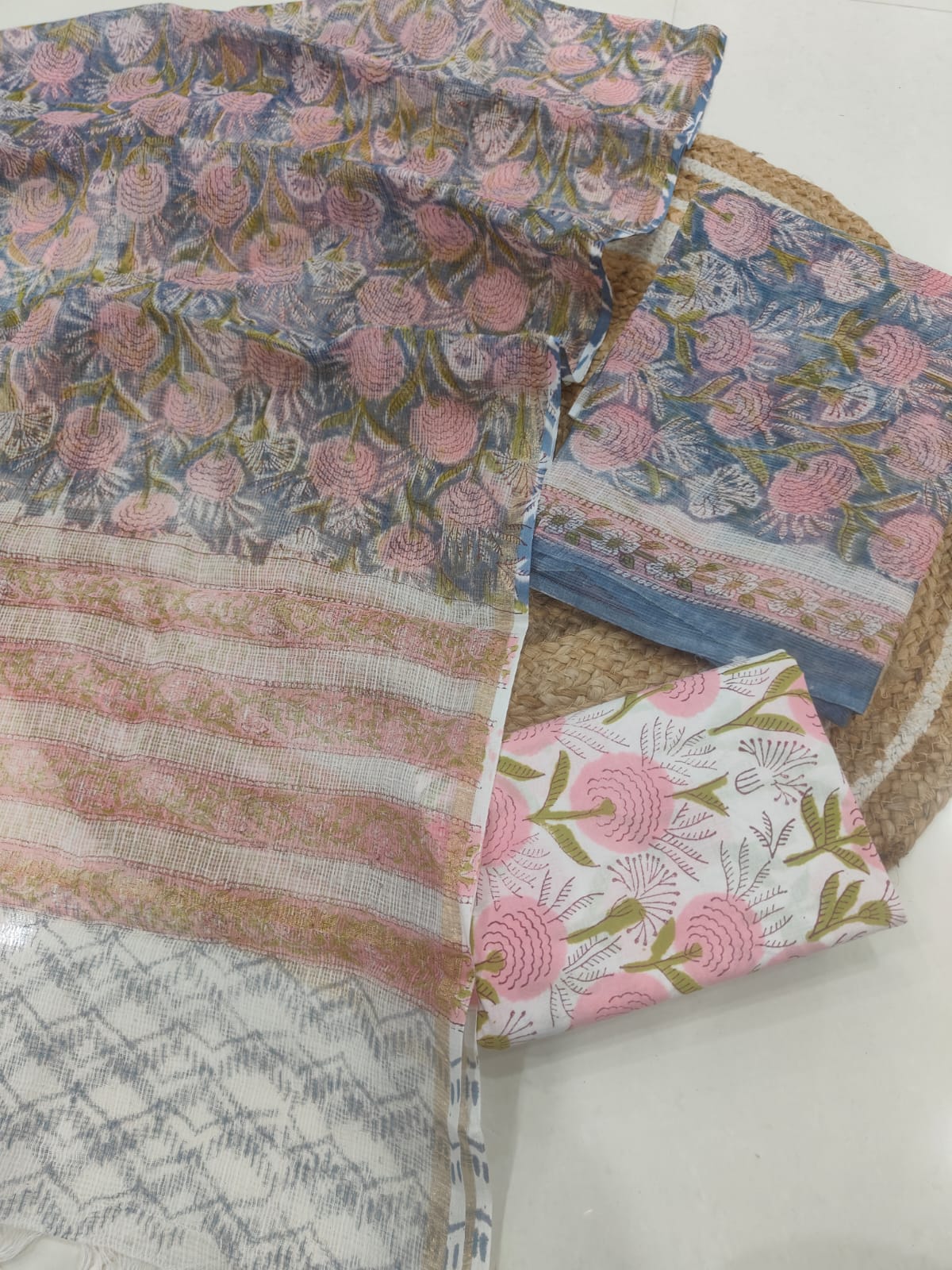 Blue Pink Floral Printed kota doriya  Suit Set (MVFKO39)