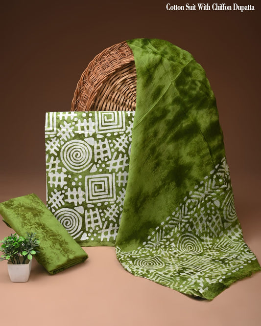Olive Green Abstract Batik Print Cotton Suit with Chiffon Dupatta – Ladies Unstitched Summer Dress Material