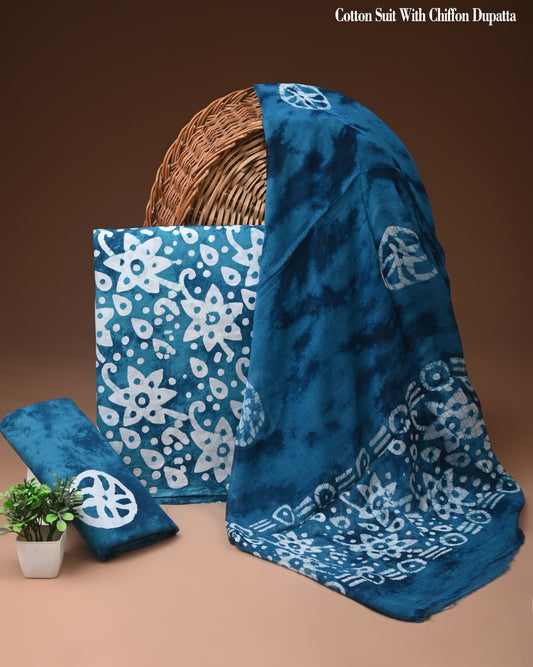Peacock Blue Floral Batik Print Cotton Suit with Chiffon Dupatta – Ladies Unstitched Summer Dress Material