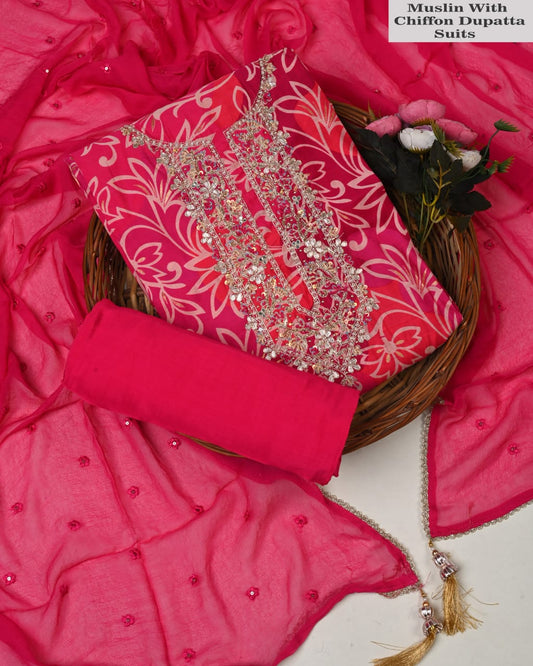 Pink Muslin Suit With Chiffon Dupatta – Elegant Ladies Dress Material