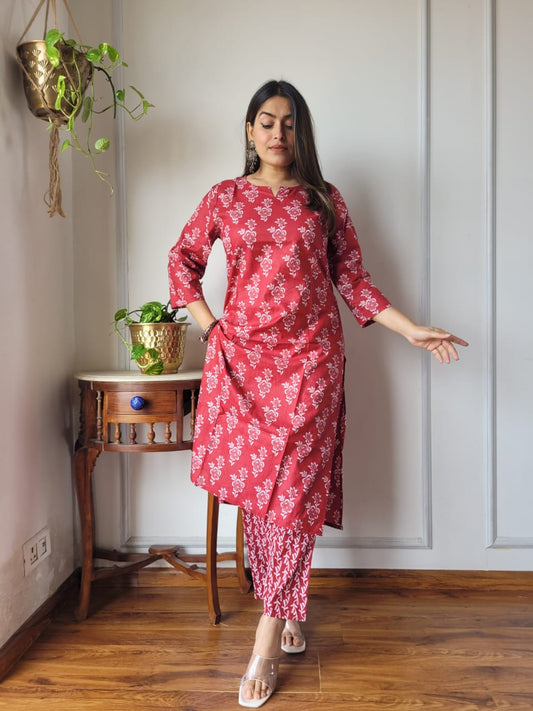 Red Printed Cotton Kurti Pant Set for Women | Maharani Vastra