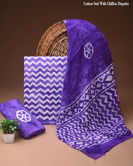 Purple Zigzag Batik Print Cotton Suit with Chiffon Dupatta – Ladies Unstitched Summer Dress Material