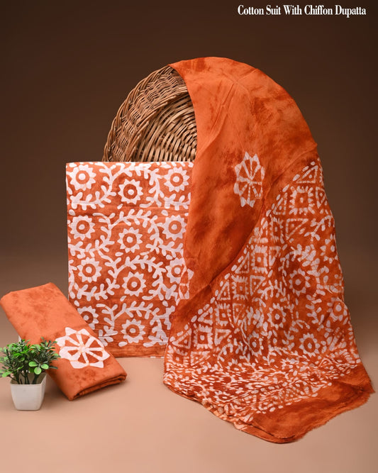 Rust Orange Floral Batik Print Cotton Suit with Chiffon Dupatta – Ladies Unstitched Summer Dress Material