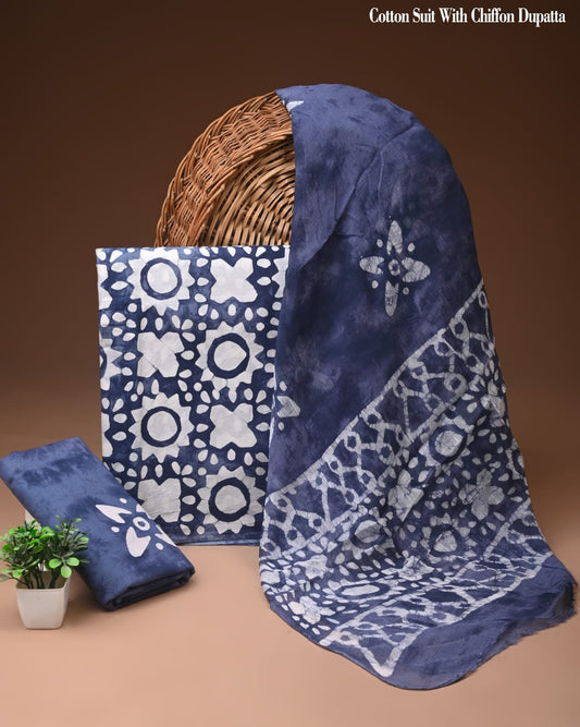 Floral Batik Print Cotton Suit with Chiffon Dupatta – Ladies Unstitched Summer Dress Material