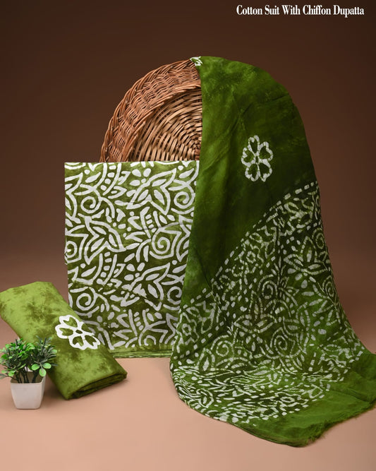 Olive Green Abstract Batik Print Cotton Suit with Chiffon Dupatta – Ladies Unstitched Summer Dress Material