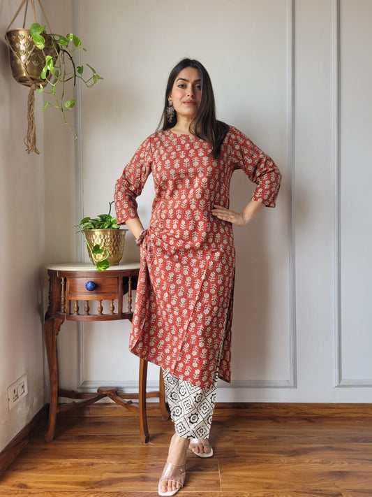 Rust Printed Cotton Kurti Pant Set for Women | Maharani Vastra