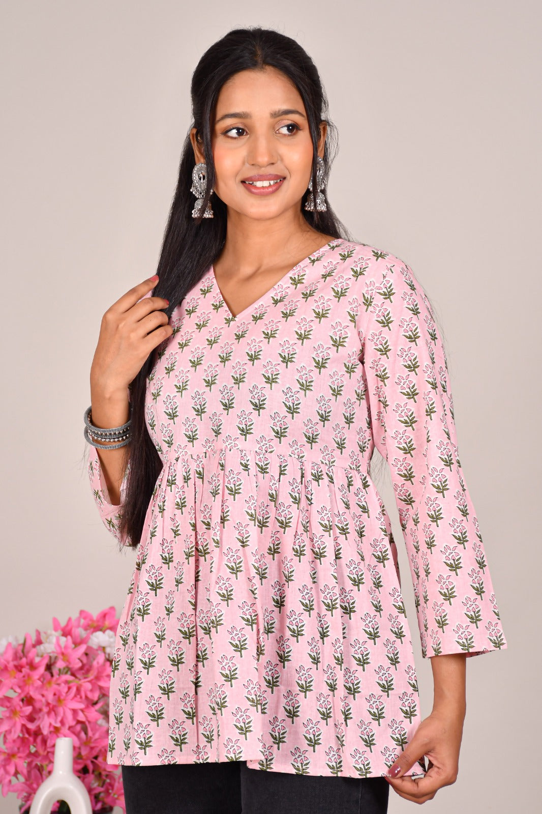Pink Floral Printed Cotton Top for Women – Casual Summer Ethnic Wear