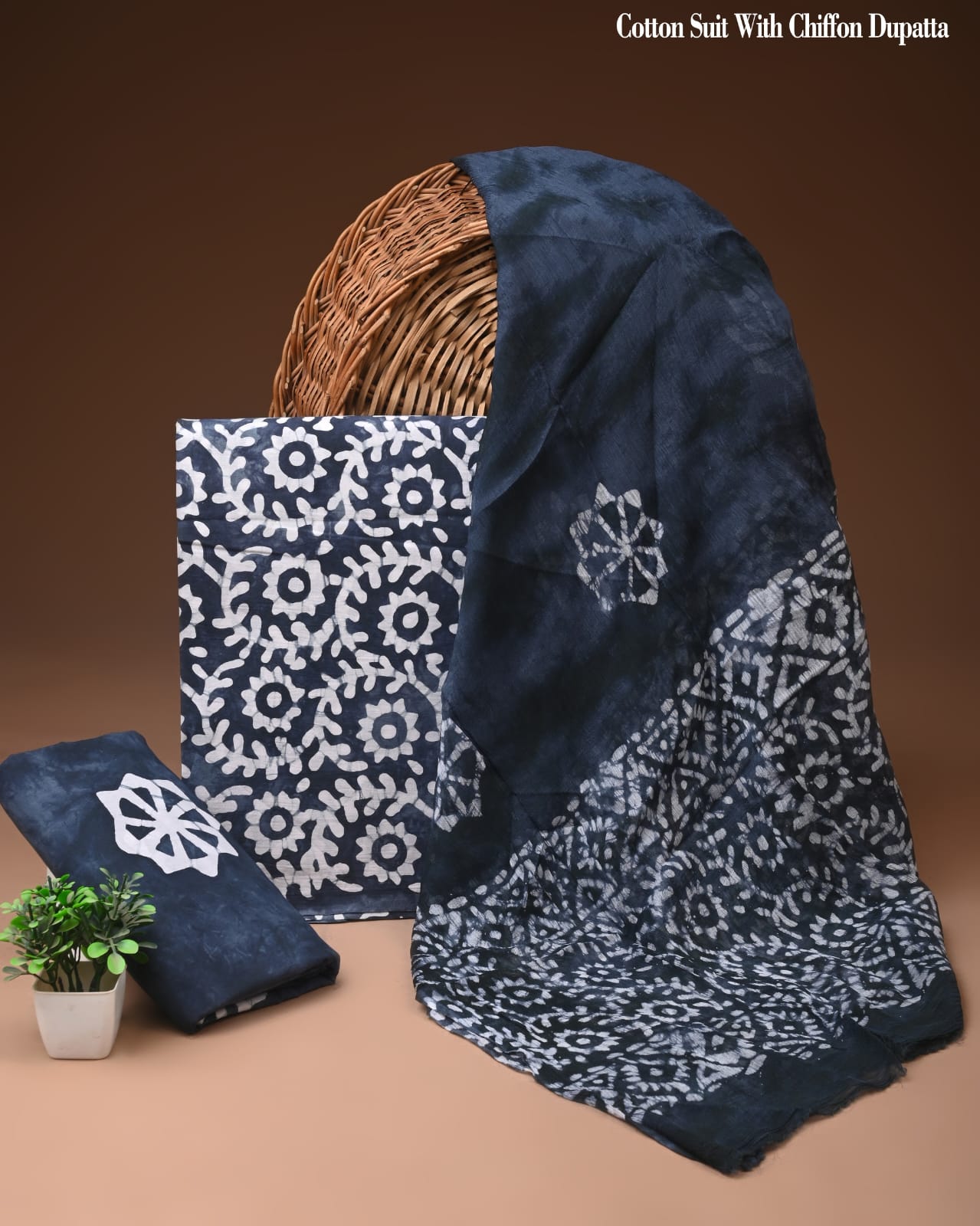 Navy Blue Batik Printed Cotton Suit with Chiffon Dupatta – Ladies Unstitched Summer Dress Material