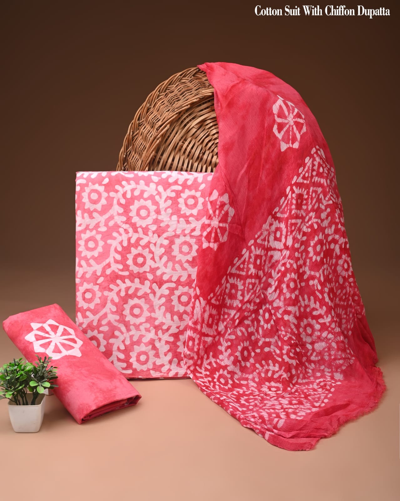Coral Pink Floral Batik Print Cotton Suit with Chiffon Dupatta – Ladies Unstitched Summer Dress Material