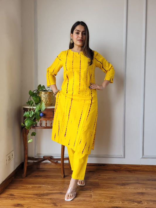 Mustard Printed Cotton Kurti Pant Set for Women | Maharani Vastra