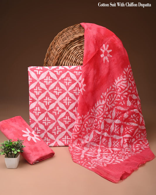 Bright Coral Diamond Batik Print Cotton Suit with Chiffon Dupatta – Ladies Unstitched Summer Dress Material