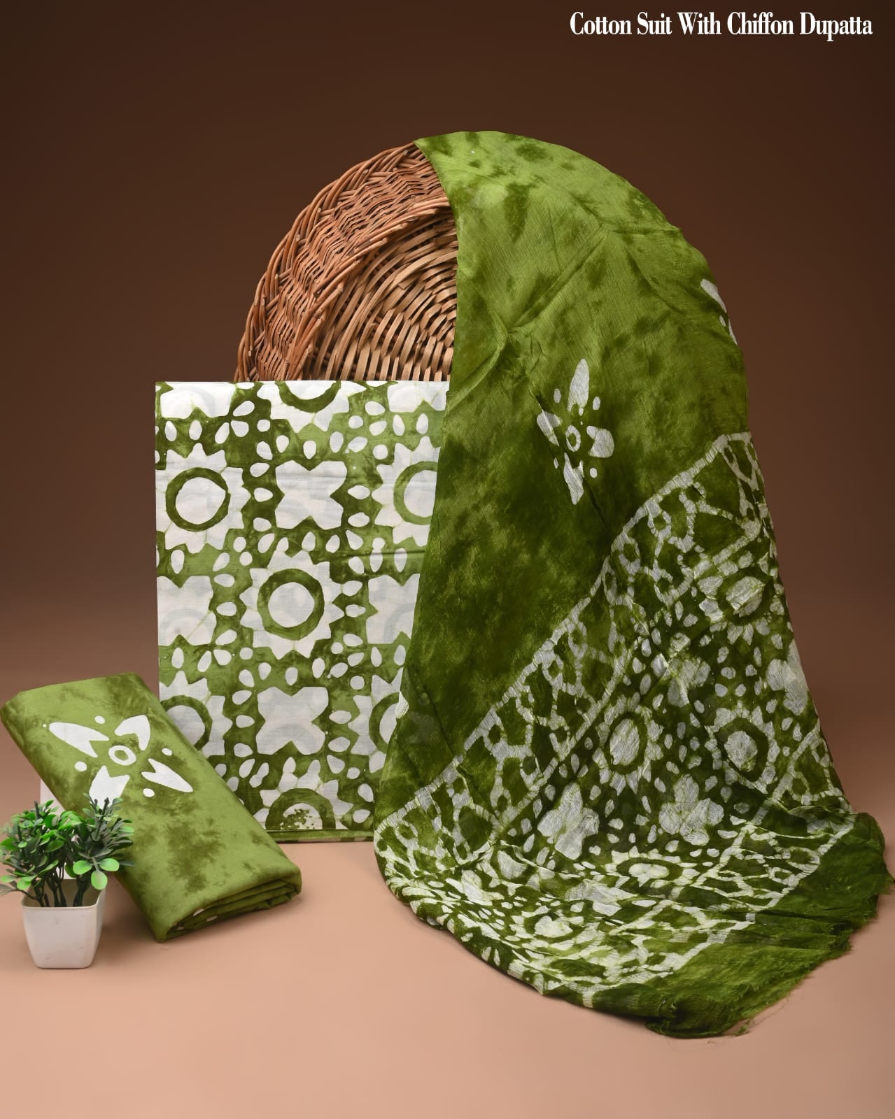 Moss Green Floral Batik Print Cotton Suit with Chiffon Dupatta – Ladies Unstitched Summer Dress Material