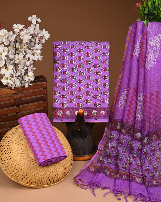 Lavender Cotton Suit with Kota Doriya Dupatta – Printed Women Dress Material