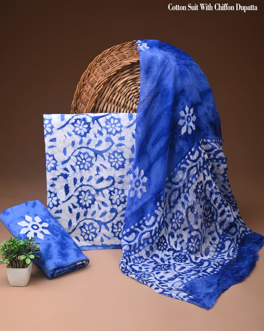 Sky Blue Floral Batik Print Cotton Suit with Chiffon Dupatta – Ladies Unstitched Summer Dress Material