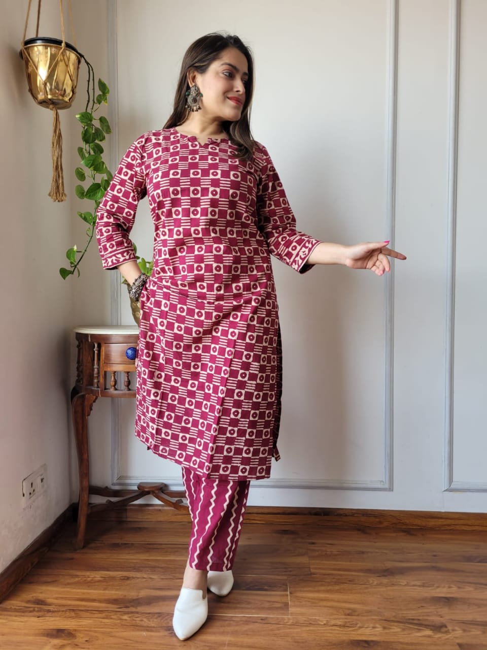 Maroon Printed Cotton Kurti Pant Set for Women | Maharani Vastra