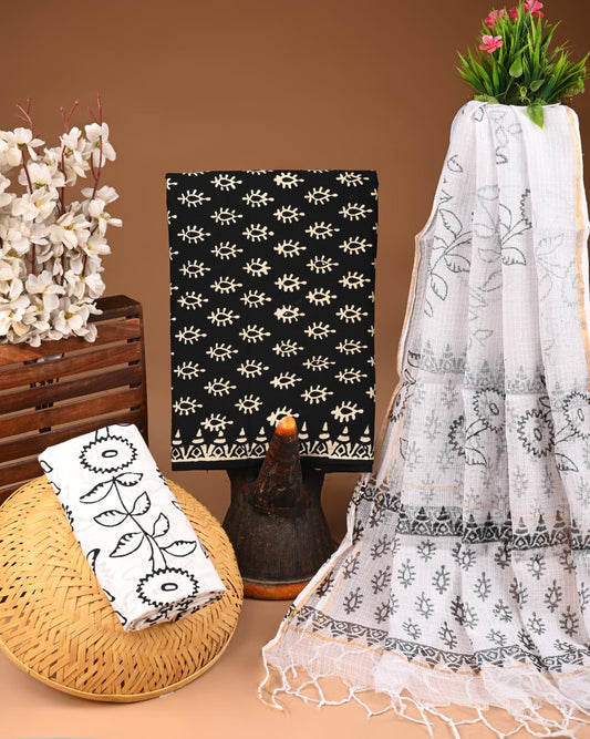 Black White Cotton Suit with Kota Doriya Dupatta – Elegant Ethnic Dress Material
