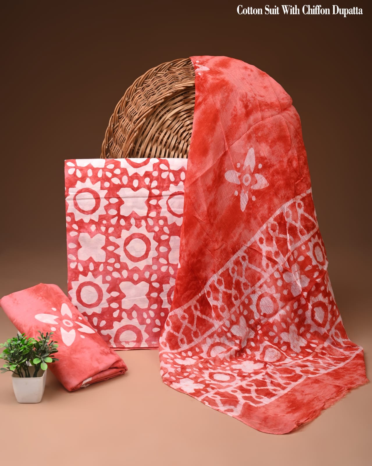 Vermilion Red Traditional Batik Print Cotton Suit with Chiffon Dupatta – Ladies Unstitched Summer Dress Material