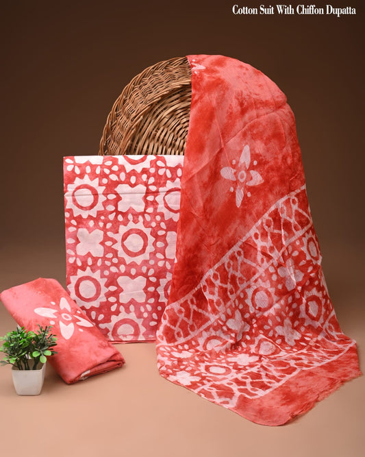 Vermilion Red Traditional Batik Print Cotton Suit with Chiffon Dupatta – Ladies Unstitched Summer Dress Material