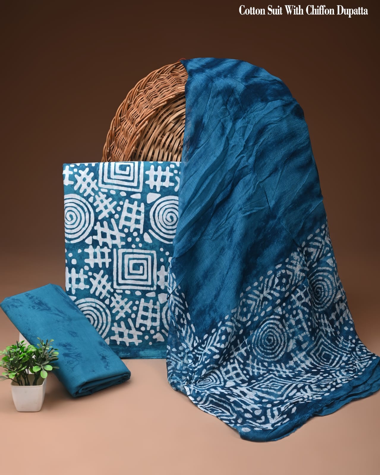 Teal Blue Spiral Batik Print Cotton Suit with Chiffon Dupatta – Ladies Unstitched Summer Dress Material