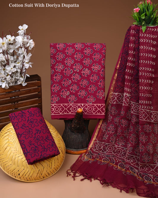 Wine Maroon Cotton Suit with Kota Doriya Dupatta | Printed Suit Set