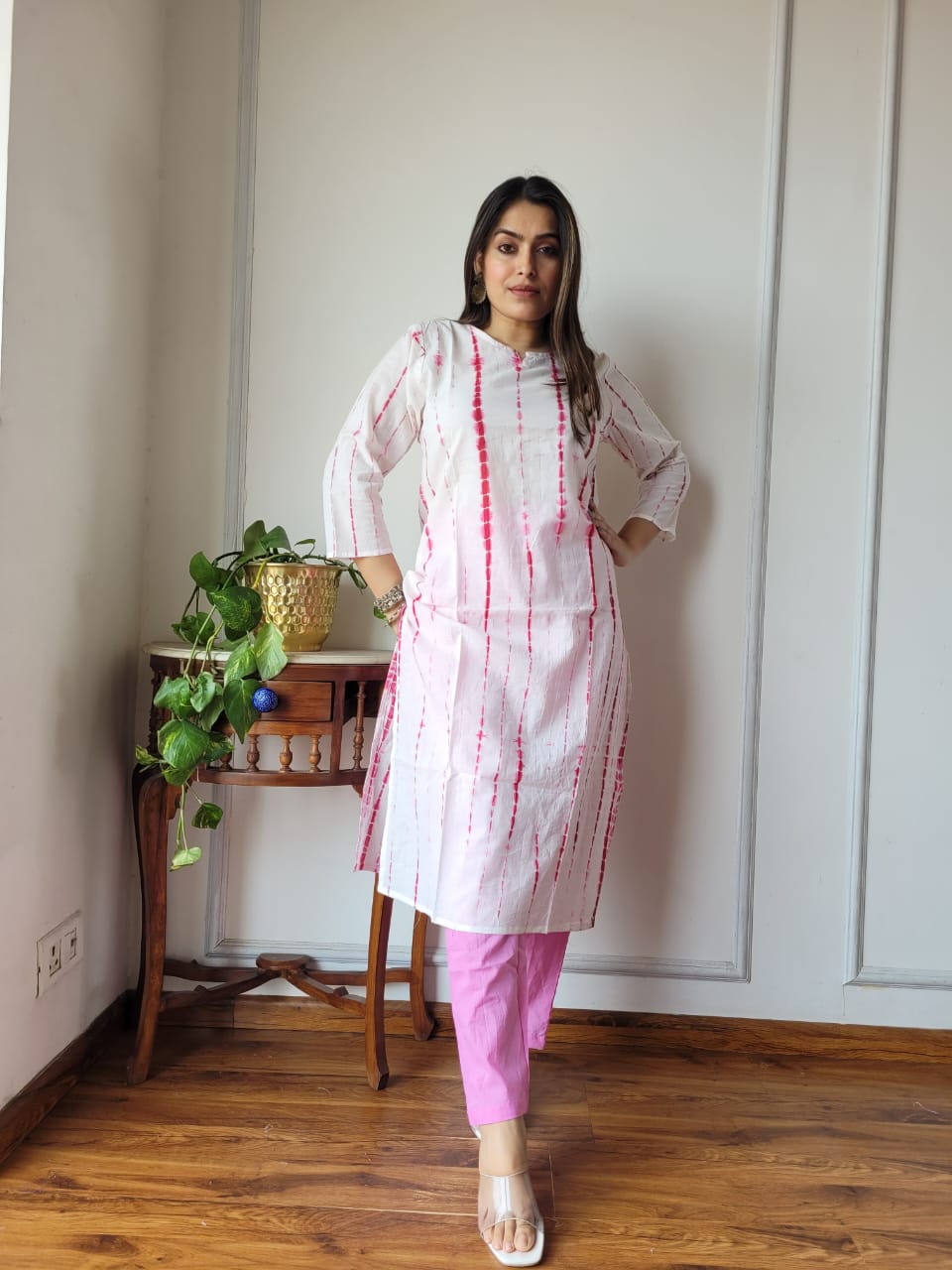 White Pink Tie Dye Cotton Kurti Pant Set for Women | Maharani Vastra