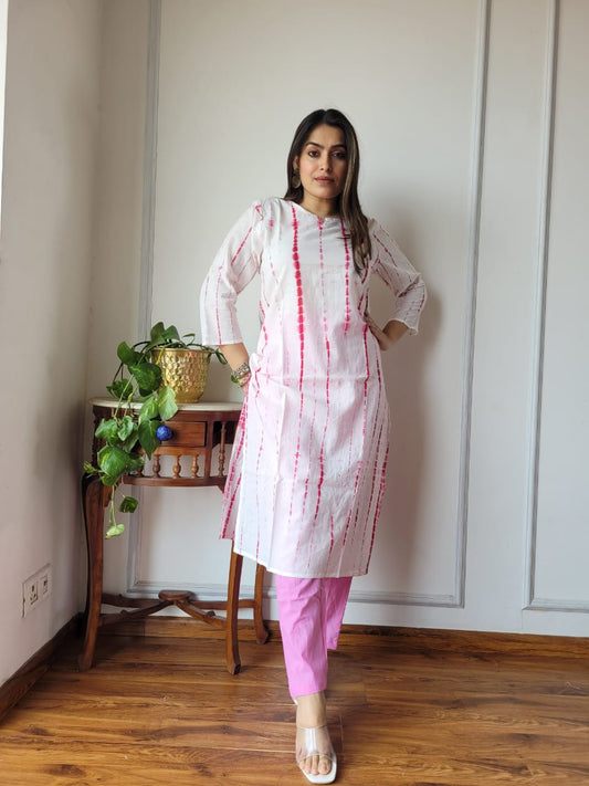 White Pink Tie Dye Cotton Kurti Pant Set for Women | Maharani Vastra