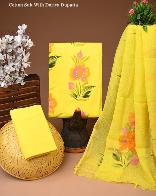 Yellow Floral Cotton Suit with Kota Doriya Dupatta | Summer Ethnic Wear