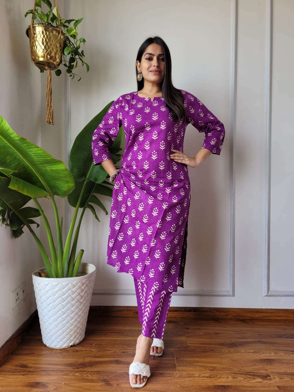 Purple Printed Cotton Kurti Pant Set for Women | Maharani Vastra