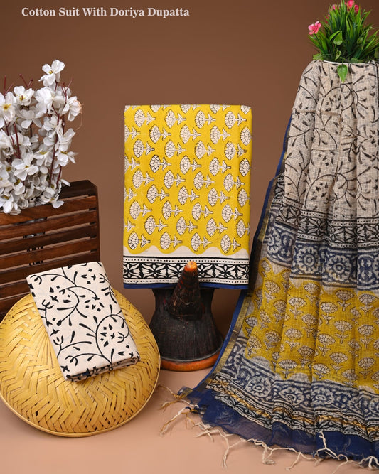Mustard Cotton Suit with Kota Doriya Dupatta | Traditional Printed Dress Material