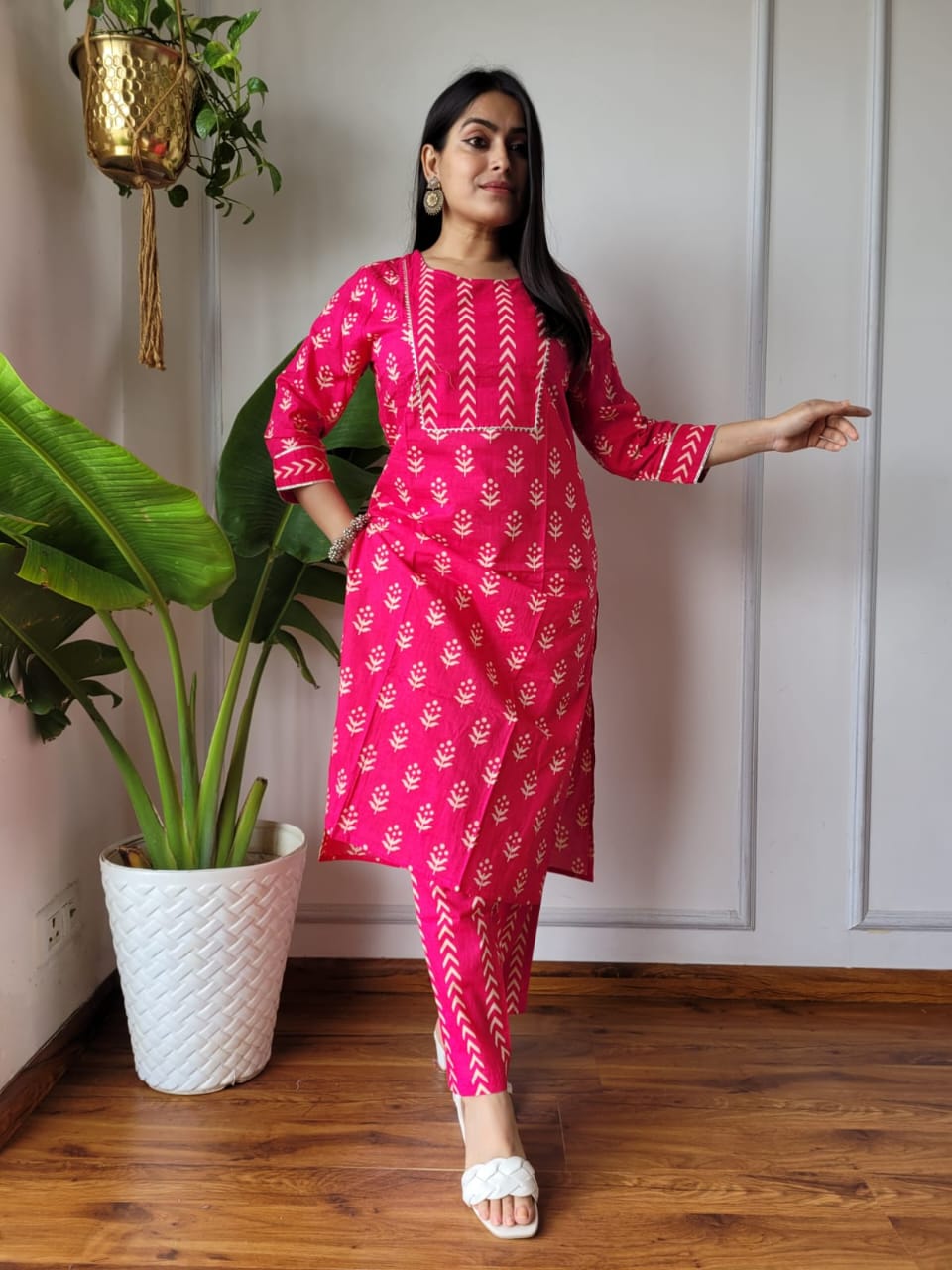 Pink Printed Cotton Kurti Pant Set for Women | Maharani Vastra