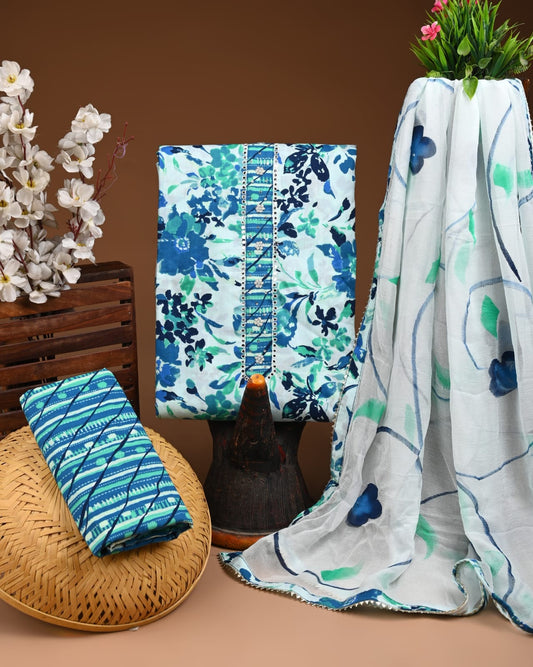 Sky Blue Printed Cotton Suit with Designer Dupatta – Ladies Unstitched Wear
