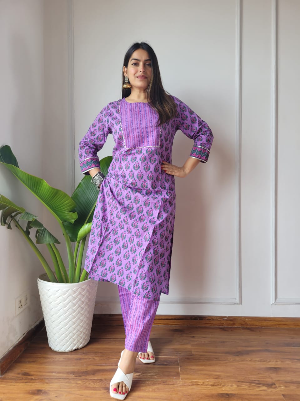 Purple Printed Cotton Kurta Pant Set for Women | Traditional Ethnic Wear