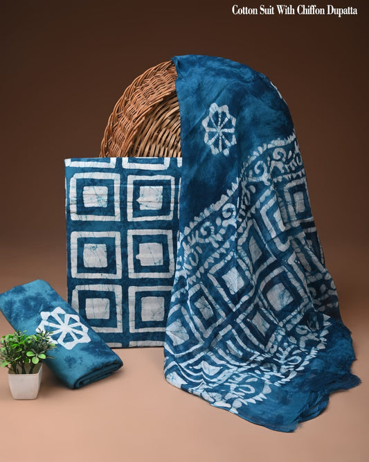 Indigo Blue Batik Printed Cotton Suit with Chiffon Dupatta – Ladies Unstitched Summer Dress Material