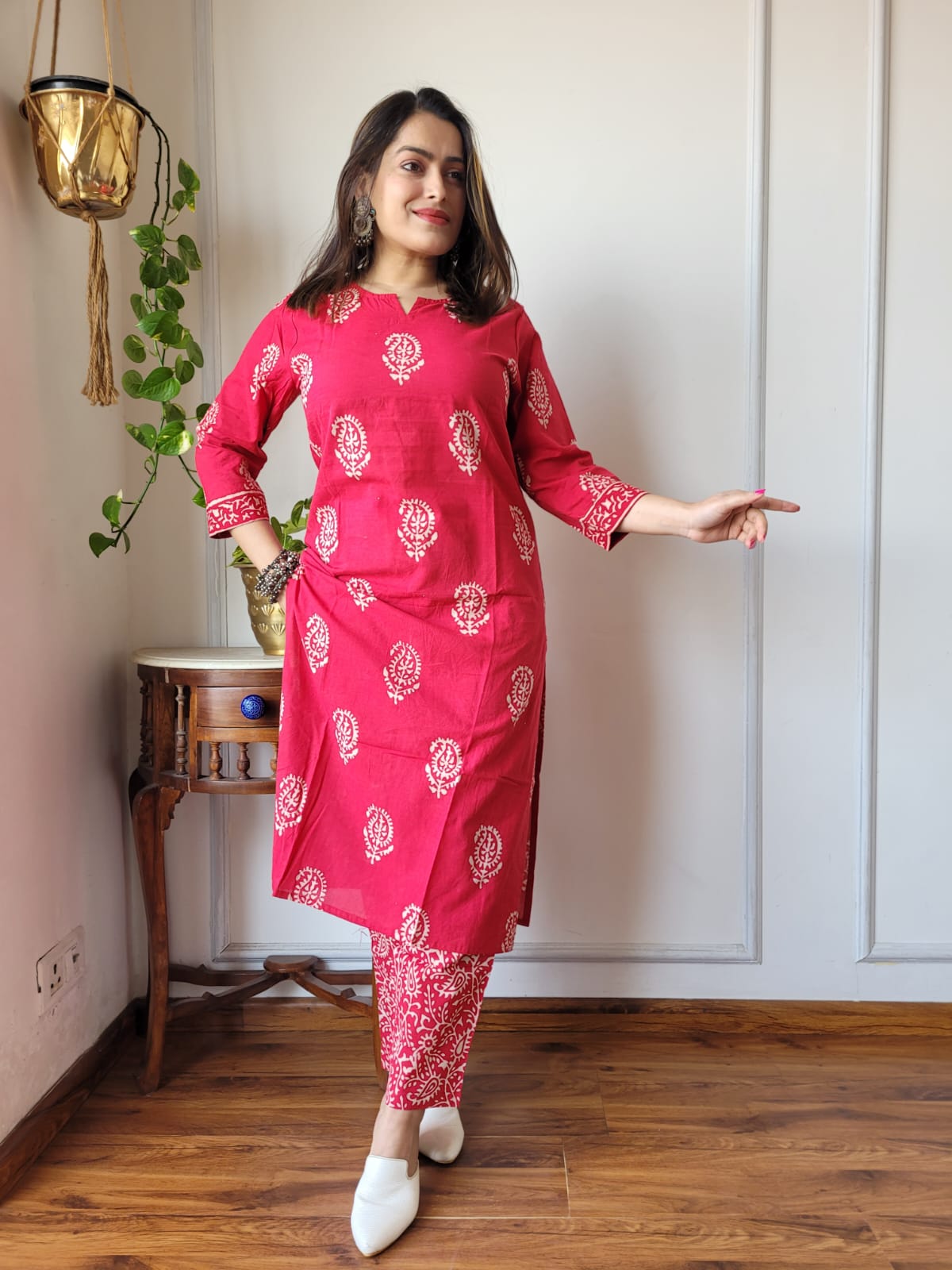 Red Printed Cotton Kurti Pant Set for Women | Maharani Vastra