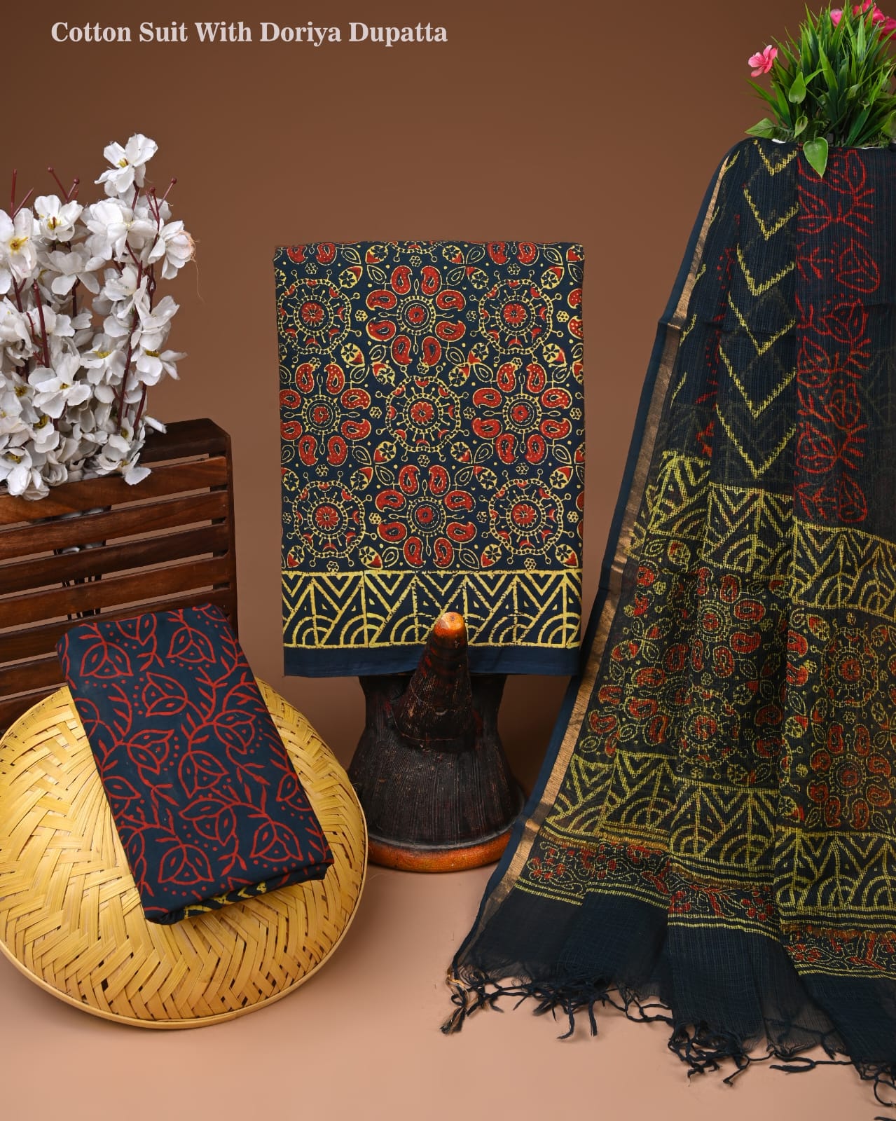 Ajrakh Cotton Suit with Kota Doriya Dupatta | Designer Ethnic Wear