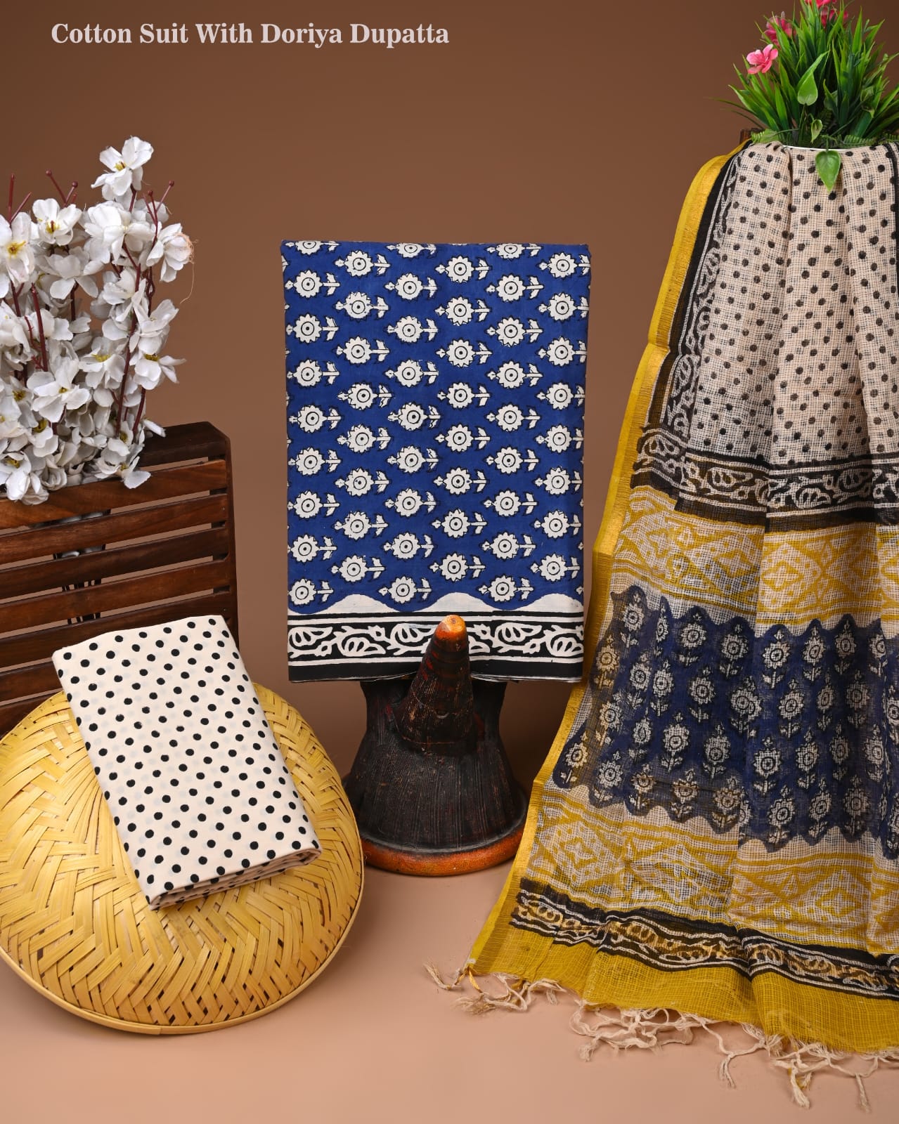 Royal Blue Cotton Suit with Kota Doriya Dupatta | Printed Ethnic Wear