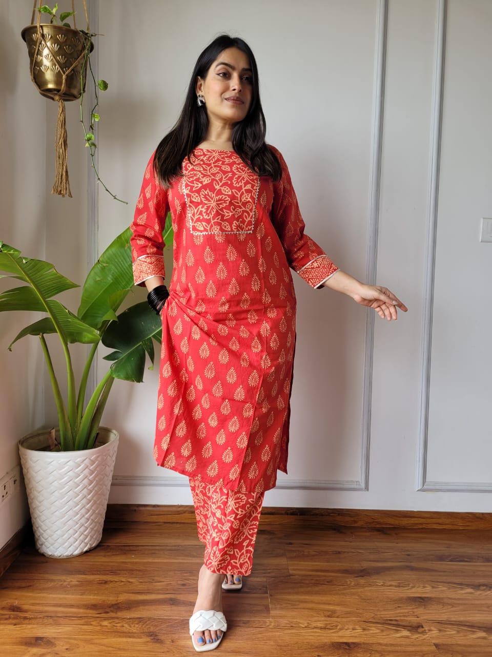 Red Printed Cotton Kurti Pant Set for Women | Maharani Vastra