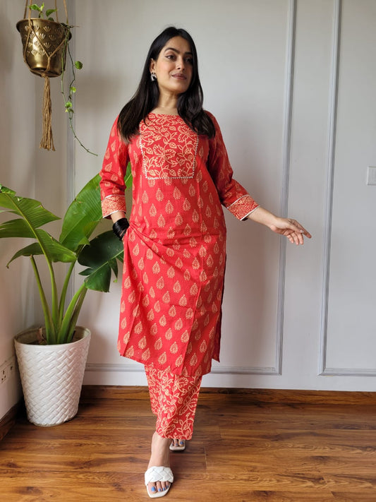 Red Printed Cotton Kurti Pant Set for Women | Maharani Vastra