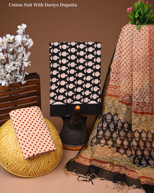 Black Cotton Suit with Kota Doriya Dupatta | Classic Ethnic Dress Material