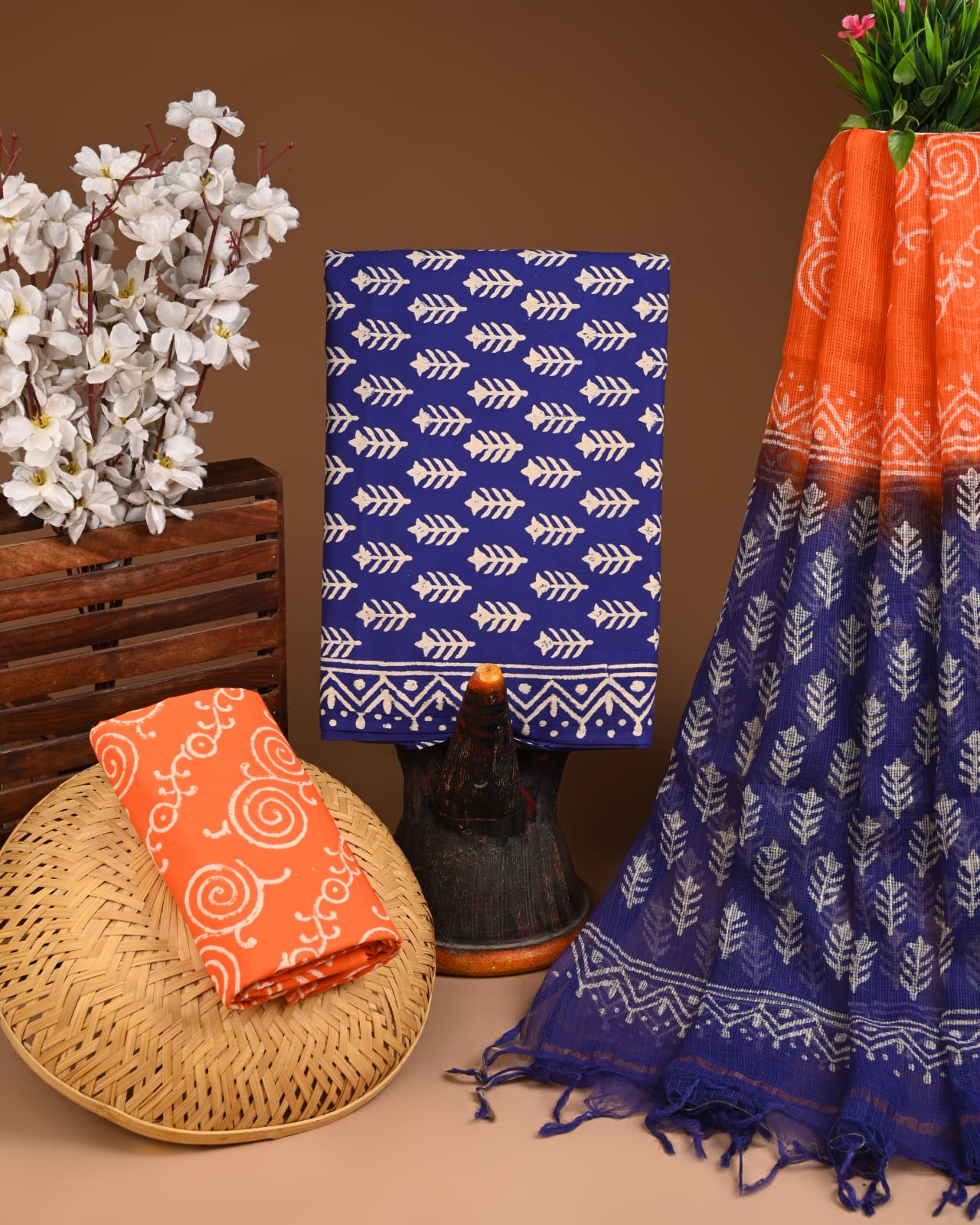 Blue Orange Cotton Suit with Kota Doriya Dupatta | Printed Cotton Dress Material