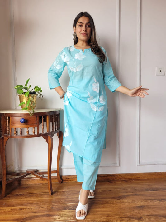 Sky Blue Floral Cotton Kurti Pant Set for Women | Casual Ethnic Wear