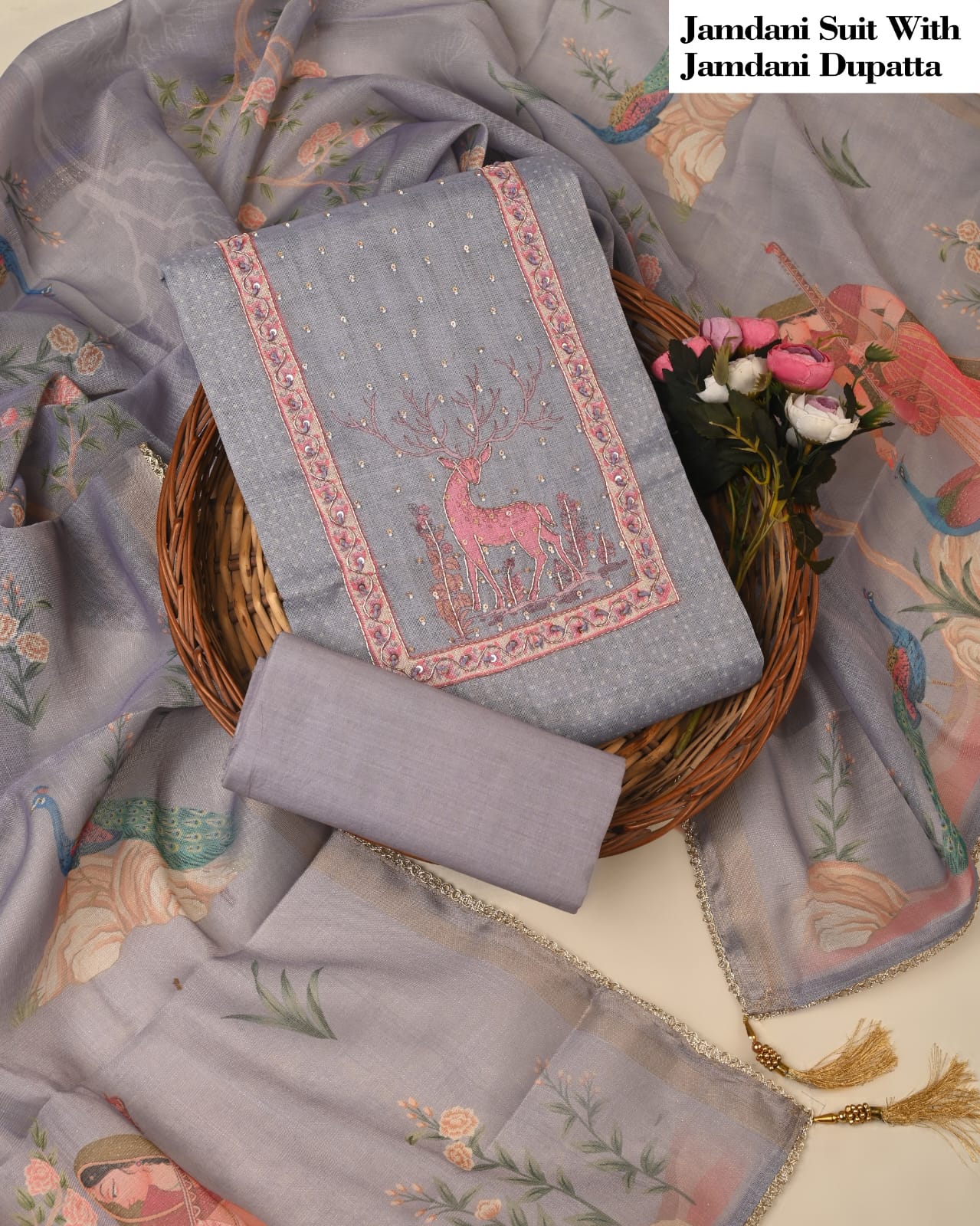 Grey Jamdani Suit with Jamdani Dupatta – Designer Unstitched Ethnic Dress Material for Women